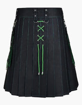 HYBRID KILT IN BLACK AND GREEN WITH LACES DESIGN - scottish kilt jacket